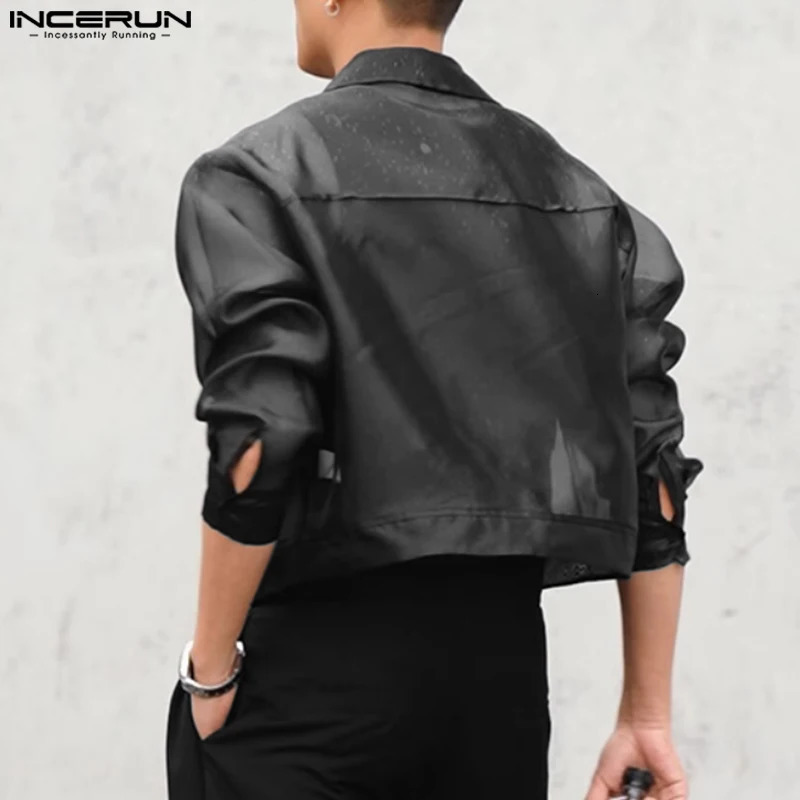 Men Irregular Jackets Mesh Transparent Zipper Lapel Long Sleeve Crop Coats Men Streetwear Solid Stylish Jackets INCERUN 240615