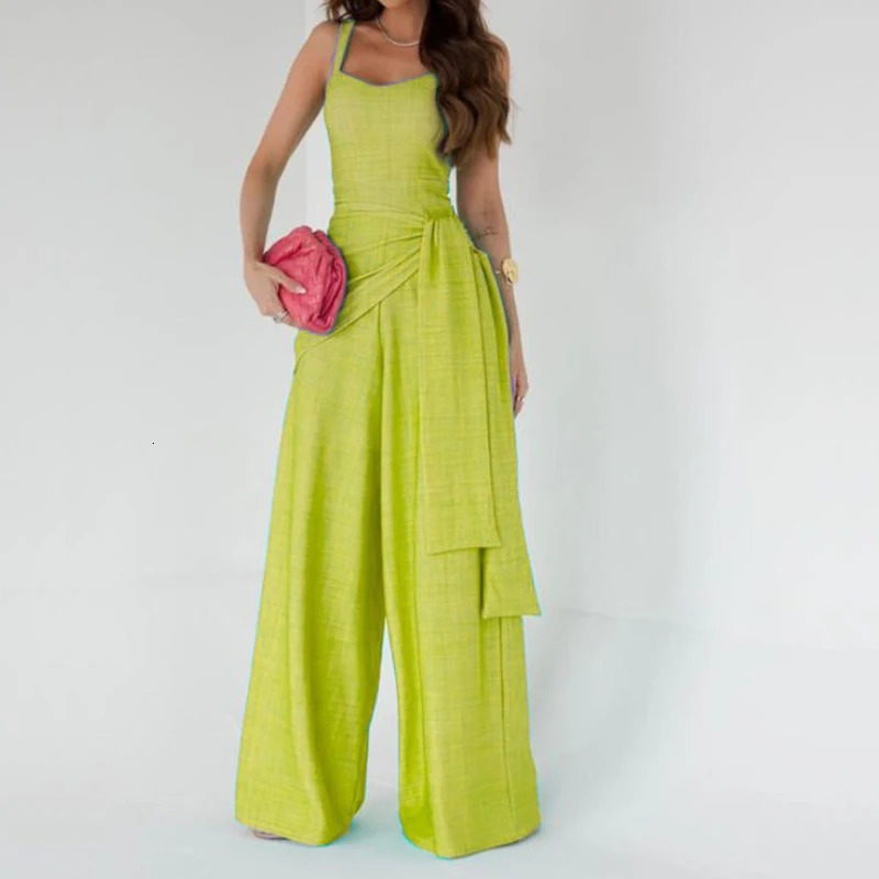 Office Fashion Waist Laceup Long Jumpsuits Women Elegant Sleeveless Solid Party Rompers Summer Casual Loose Playsuits Overalls 240618