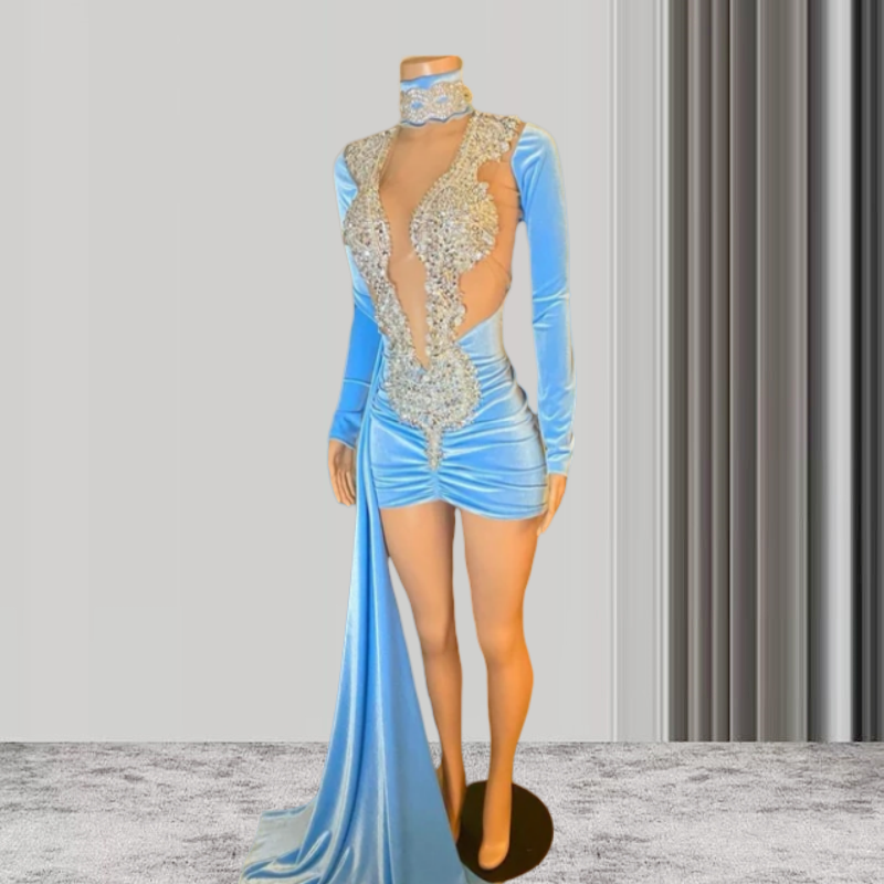 Blue Velvet Sheer Crystals Short Prom Dresses For Black Girls Long Sleeves African American Cocktail Dresses Birthday Party Homecoming Gowns