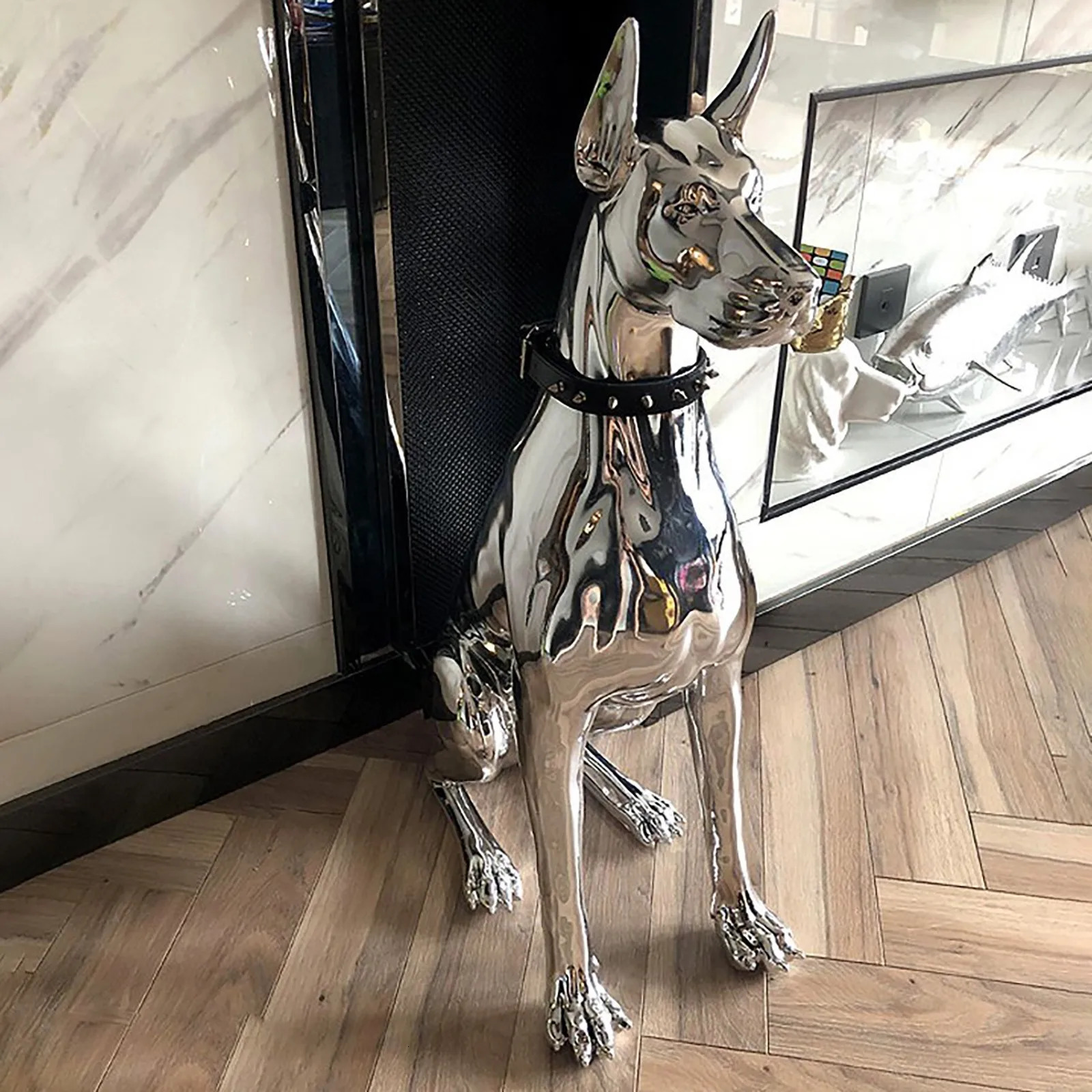 Home Decor Watchdog Chrome Sculpture Doberman Dog Small Size Art Animal Statues Figurine Room Garden Doorway 240619