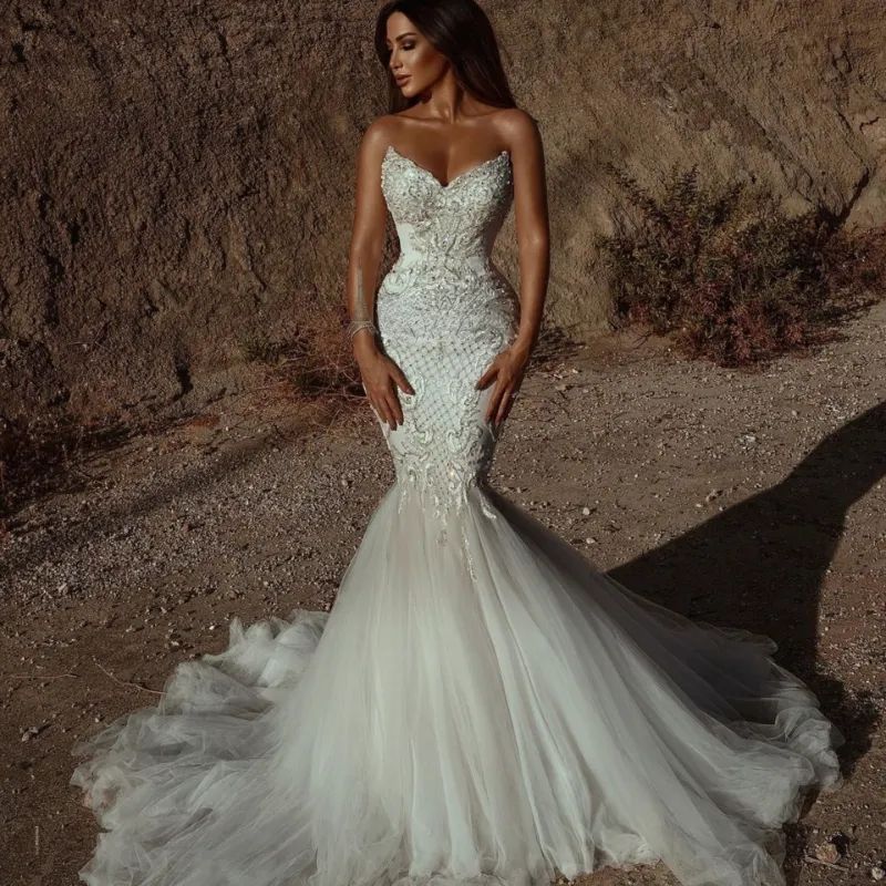 Lace Mermaid Wedding Dresses Tulle Lace Applique Beaded Crystals Strapless Weddings Bridal Gowns Vestido De Novia Plus size