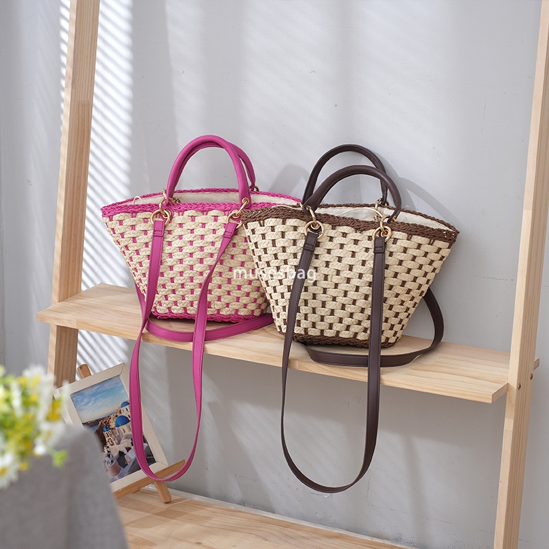 Designer Women's High end New Fashionable and Simple Large Capacity Grass Woven Bag Crossbody Handbag Contrast Color Casual Handwoven Shoulder Ba