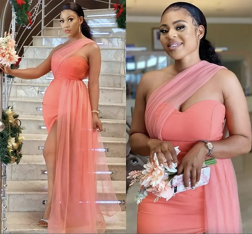 Bridemaid 2024 Watermelon Red Dree Mermaid Tulle Chiffon Cutom Made One Shoulder Slit Plu Size Maid of Honor Gown Country Beach Wedding Party Wear