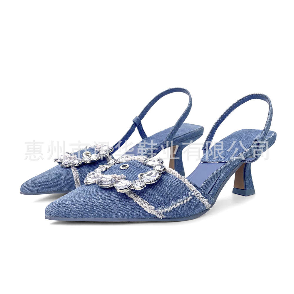 New ZA Summer Back Hollow Diamond Buckle Decoration Denim Pointed High And Thin Heels Women S Shoes Trendy Ddmysaturn