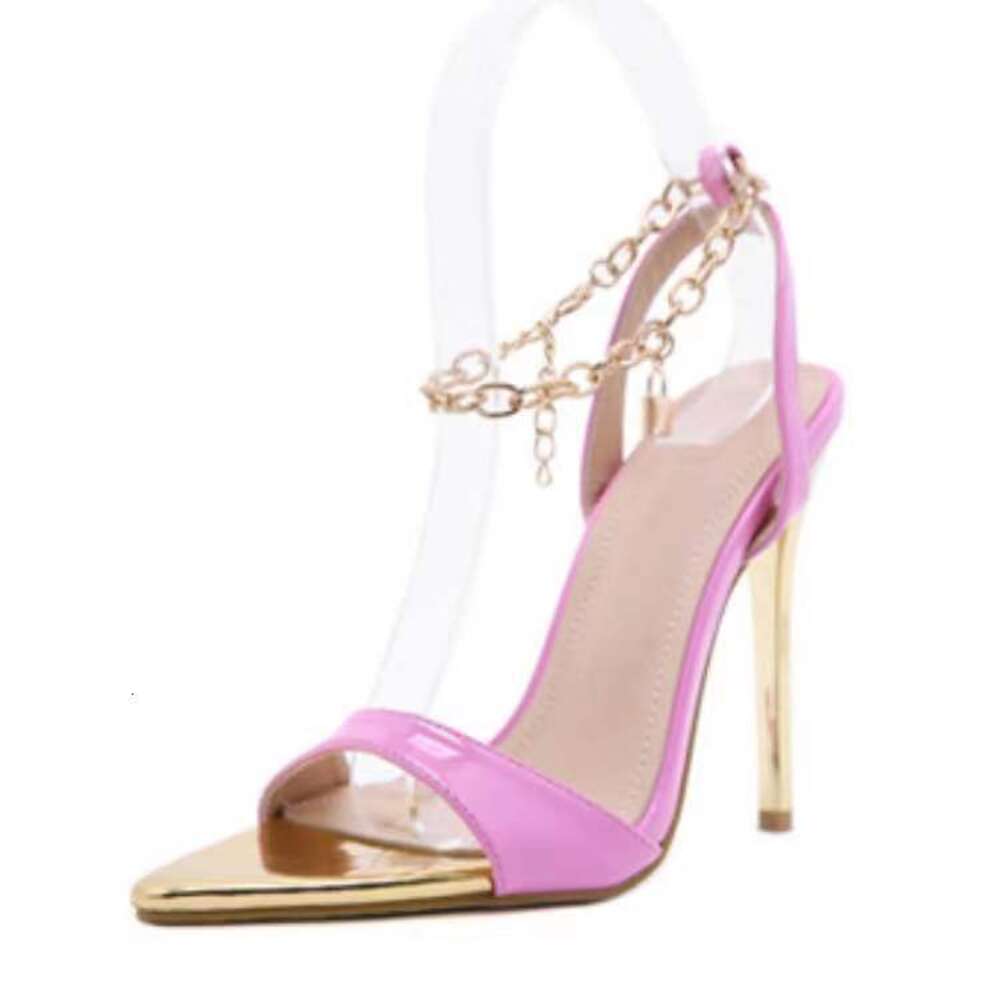 New Large Size Women S Shoes Candy Colored Pointed Thin High Heels Fashionable Sandals Metal Chain Ddmysaturn