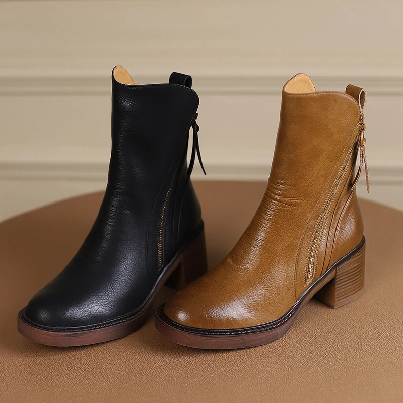 Autumn Winter Women Shoes Leather Short Boots for Women Round Toe Chunky Heel Boots Zipper Ankle Boots Female Platform Heel 240620