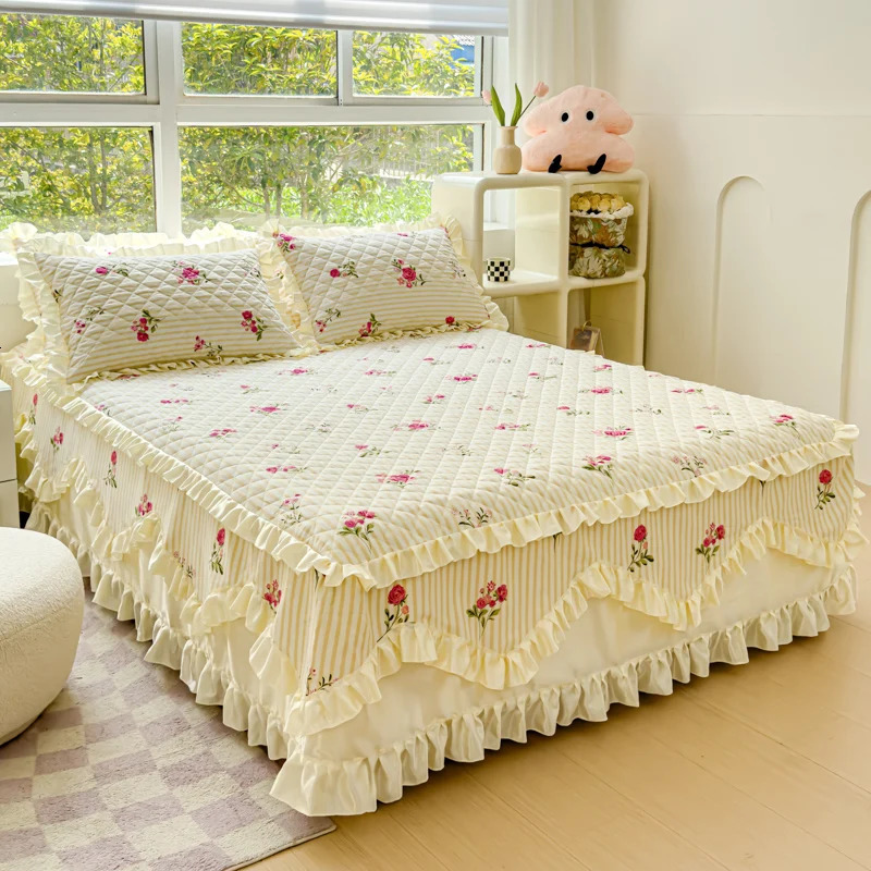 100% Cotton Thicken Quilted Bedspread King Queen Size Princess Lace Bed Skirt Pure Cotton Bed Cover Not Including Pillowcase 240619