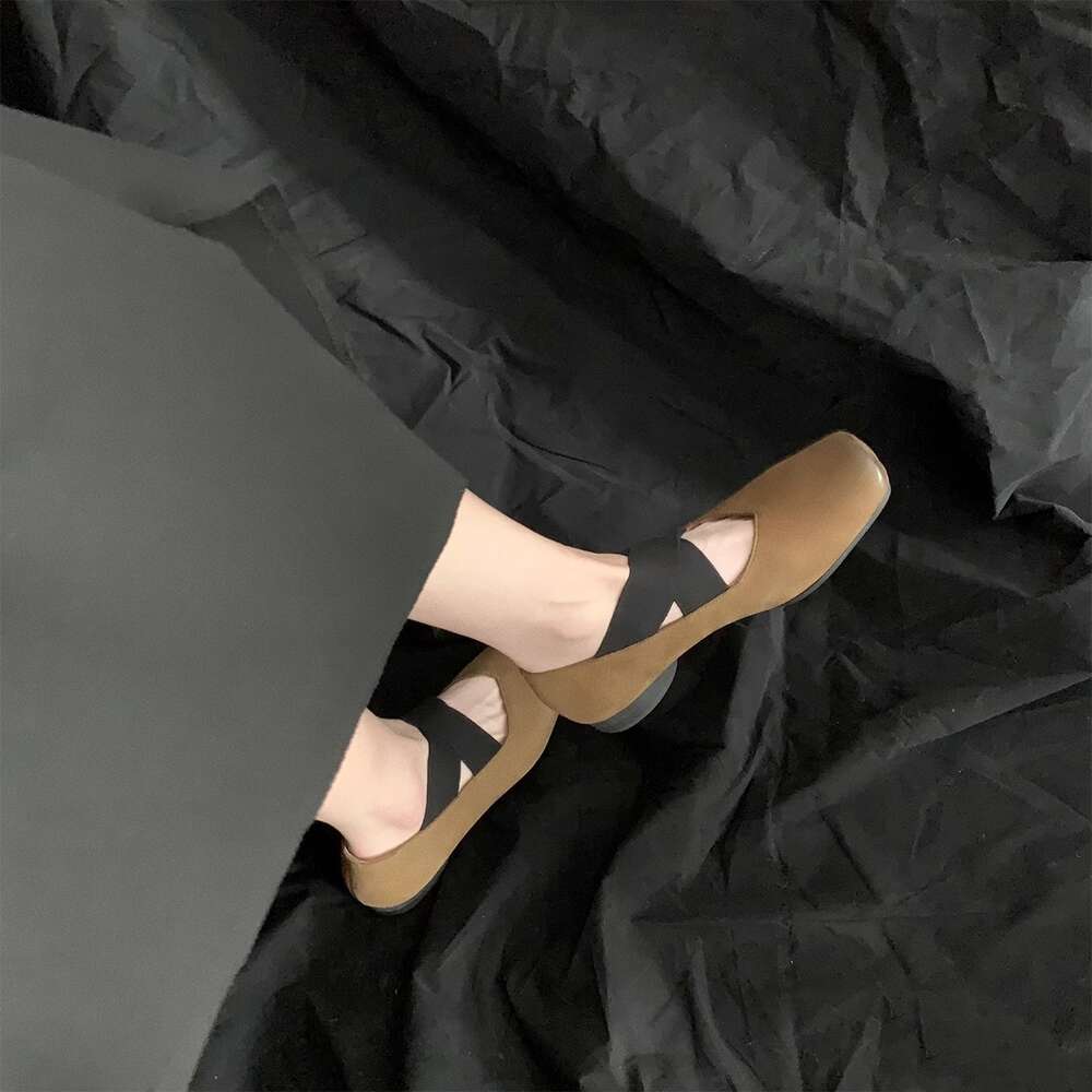 Cowhide version of Mary Jane women's low heeled ballet shoes, umaw pig nose square head shallow mouth flat sole single shoes