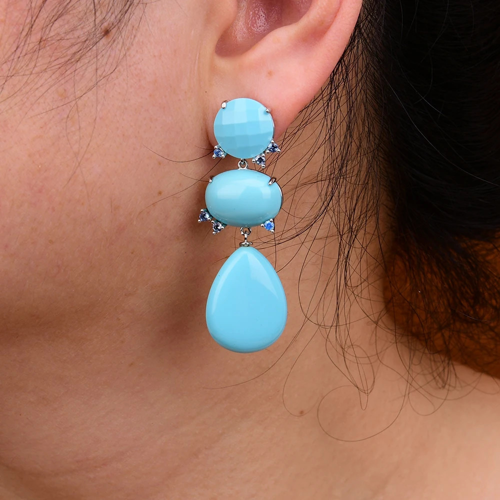 GG Blue Turquoise Water Drop Shape Dangle Cz Beads Party Studs Earrings Gold Plated Dangle Earrings Gifts For Lady 240620