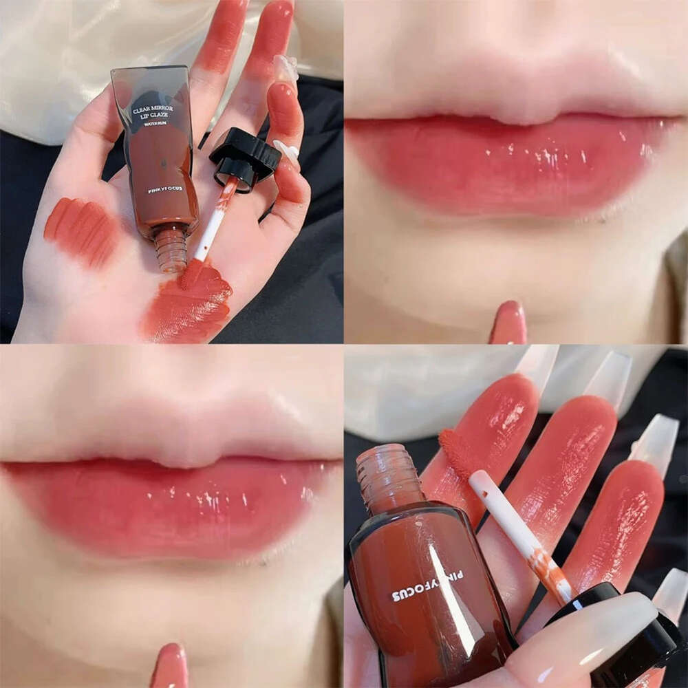 Black Mirror Water Gloss Glaze Transparent Glass Lip Oil Waterproof Liquid Lipstick Nude Brown Clear Tint Makeup F620-5