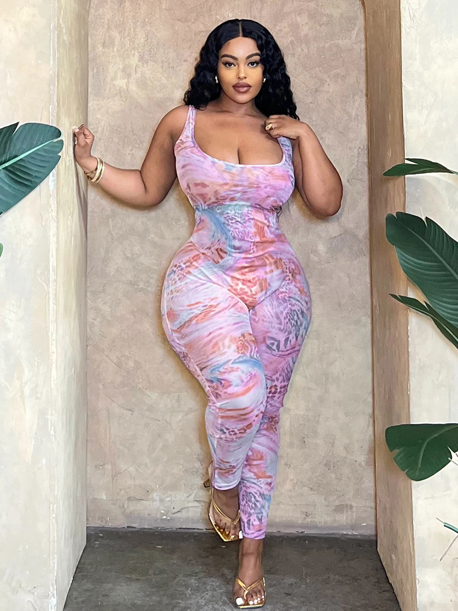 LW Plus Size SXY Mixed Print Skinny Cami Jumpsuit Women Spring Summer Casual Gauze Clear U Neck All Over Print One Piece Outfit 240618