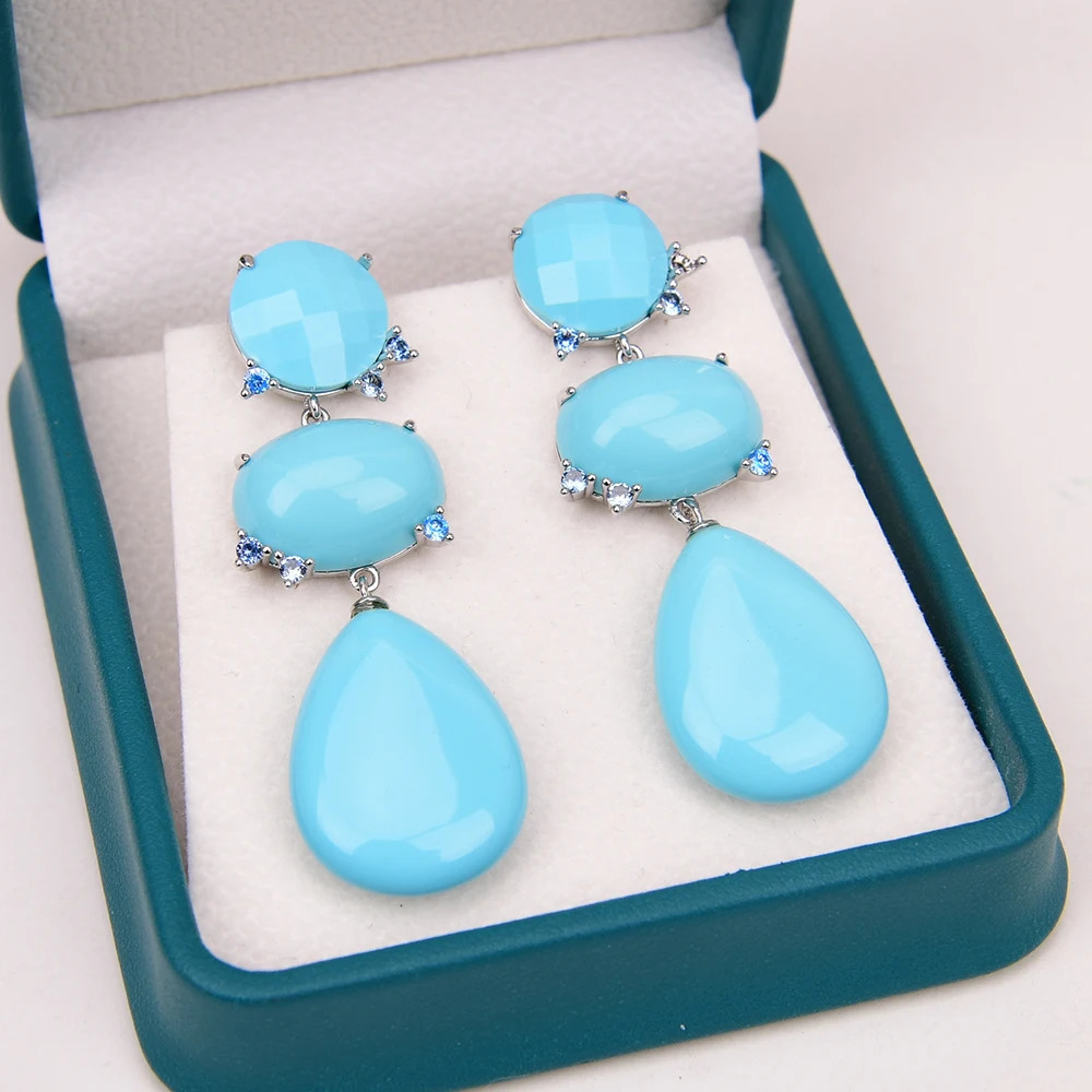 GG Blue Turquoise Water Drop Shape Dangle Cz Beads Party Studs Earrings Gold Plated Dangle Earrings Gifts For Lady 240620