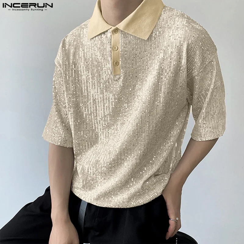 INCERUN Casual Mens Lapel Sequin Blouse Stylish Well Fitting Party Short Sleeve Button Shirts S-5XL INCERUN Tops 240615
