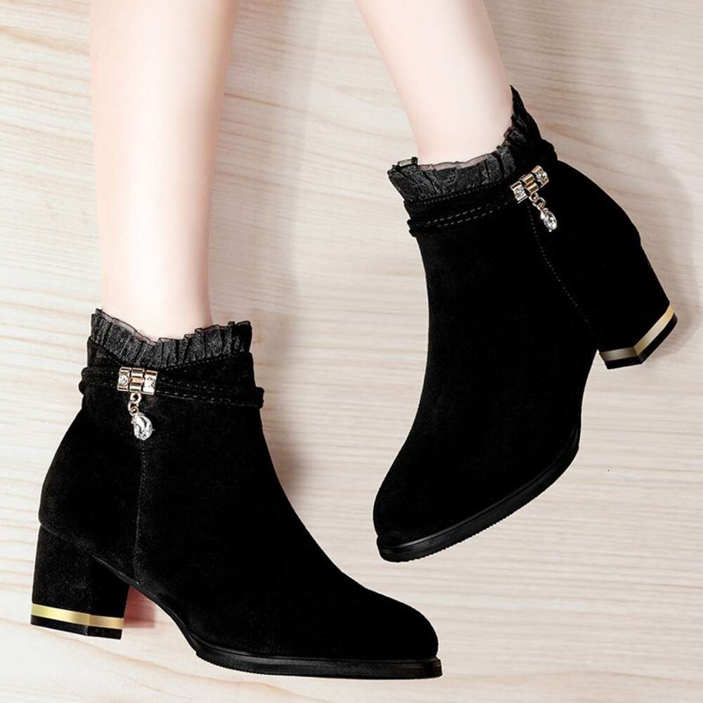And Winter Autumn Oversized Women S Shoes Fashionable Velvet Lining With Diamond Lace Edge Thick Heel Versatile Boots Korean Version Fashion Ddmysatur