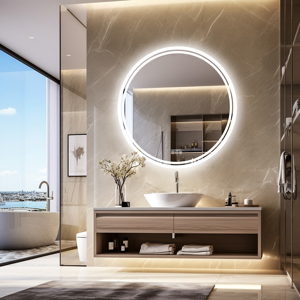 LUVODI 600 x 600 Round Illuminated Bathroom Wall Mirror with Demister Led Lights Dimmable Makeup Mirror for Bathroom Renovation