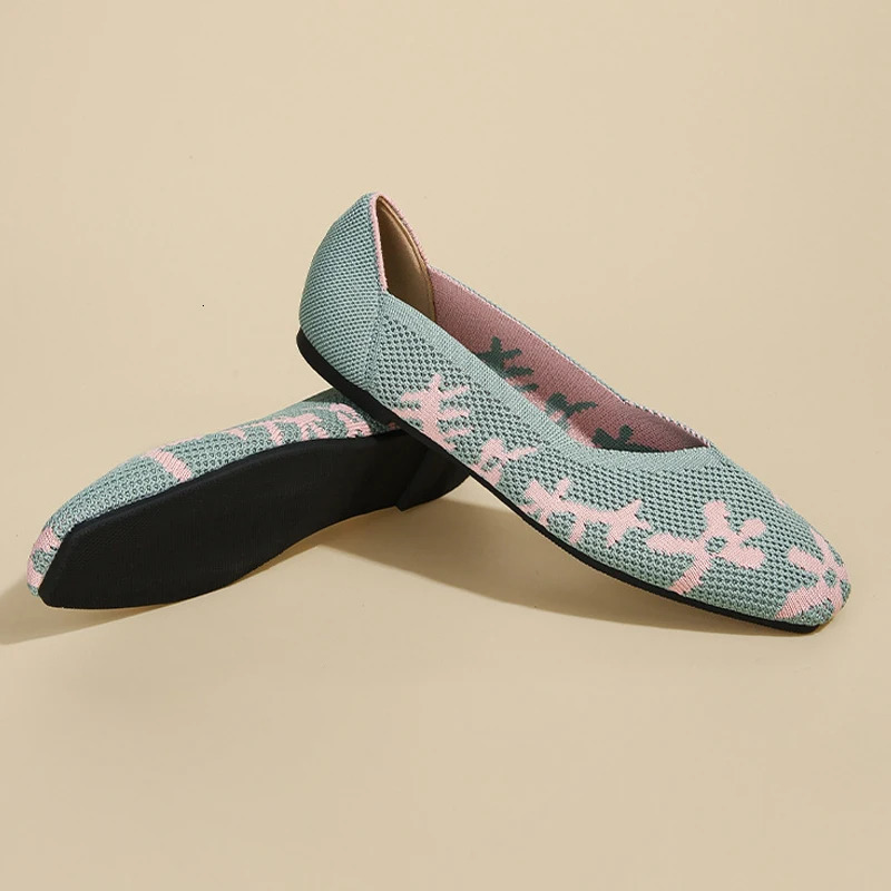 Womens Flat Shoes Large 43/42 Casual Fashion Pattern Breathable Knitted Non slip Rubber Sole Square Comfortable Shoes 240620