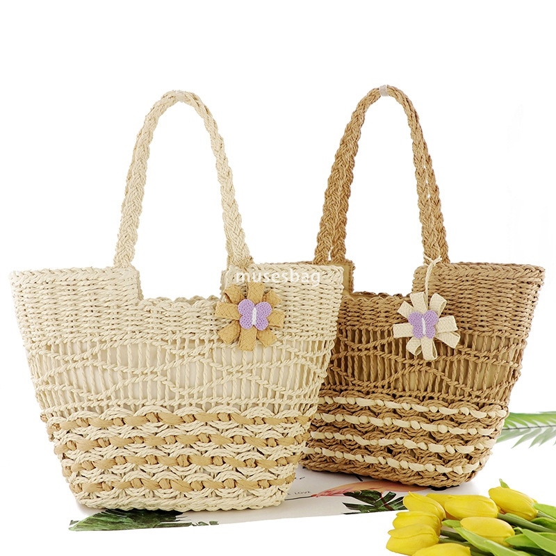 High quality women's designer simple and versatile butterfly flower pendant paper rope woven bag single shoulder grass woven bag leisure bag beac