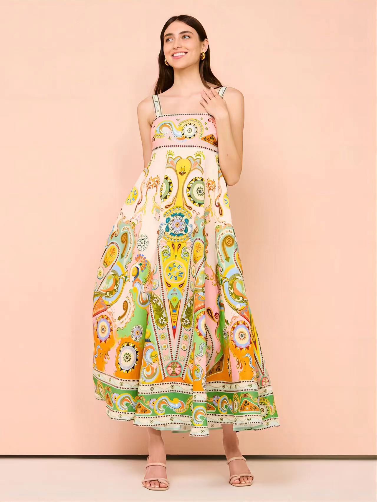 Casual dress fashion new Bohemian Dresses Sexy Suspender Graffiti Cotton Runway Floral Vacation Long Robes partydress summer sleeveless size s-2xl