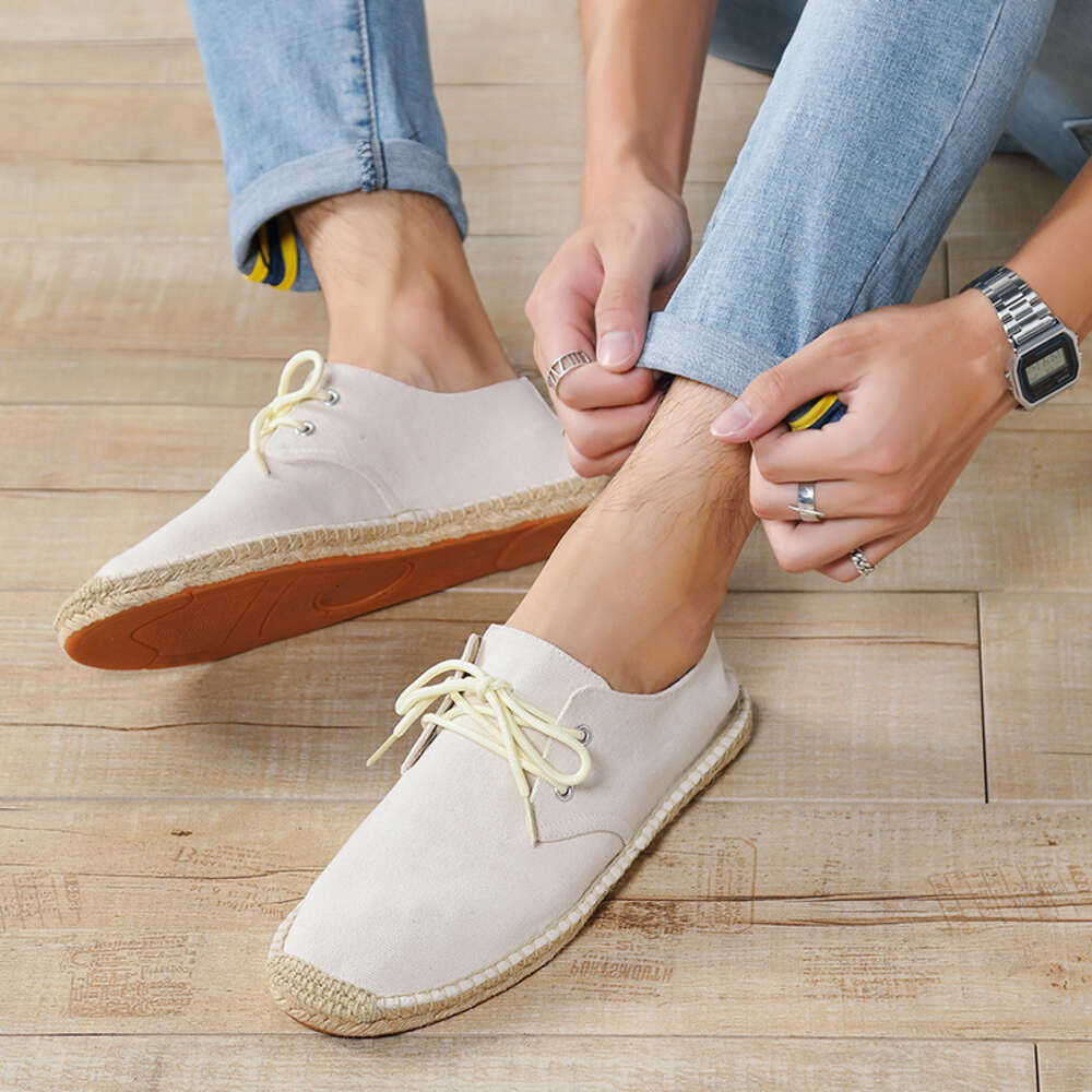 Autumn Spring And New Linen Canvas Men S Hemp Rope Lace Up Flat Bottom Grass Weaving Fisherman One Step Lazy Single Shoes Women Ddmysaturn