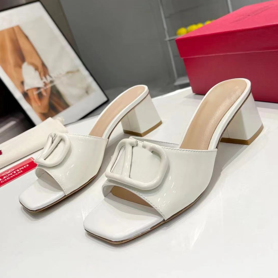 Designer sandals high heels Women mule slippers classic V shaped buckle slippers patent leather thick heels summer Women dress shoes