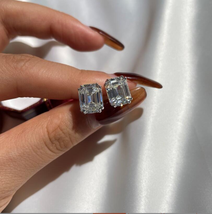 Moissanite Hoop Earrings, Sparkling Emerald Cut Studs, Sterling Sier Gemstones, Elegant Party Wedding Earrings for Women Free shipping