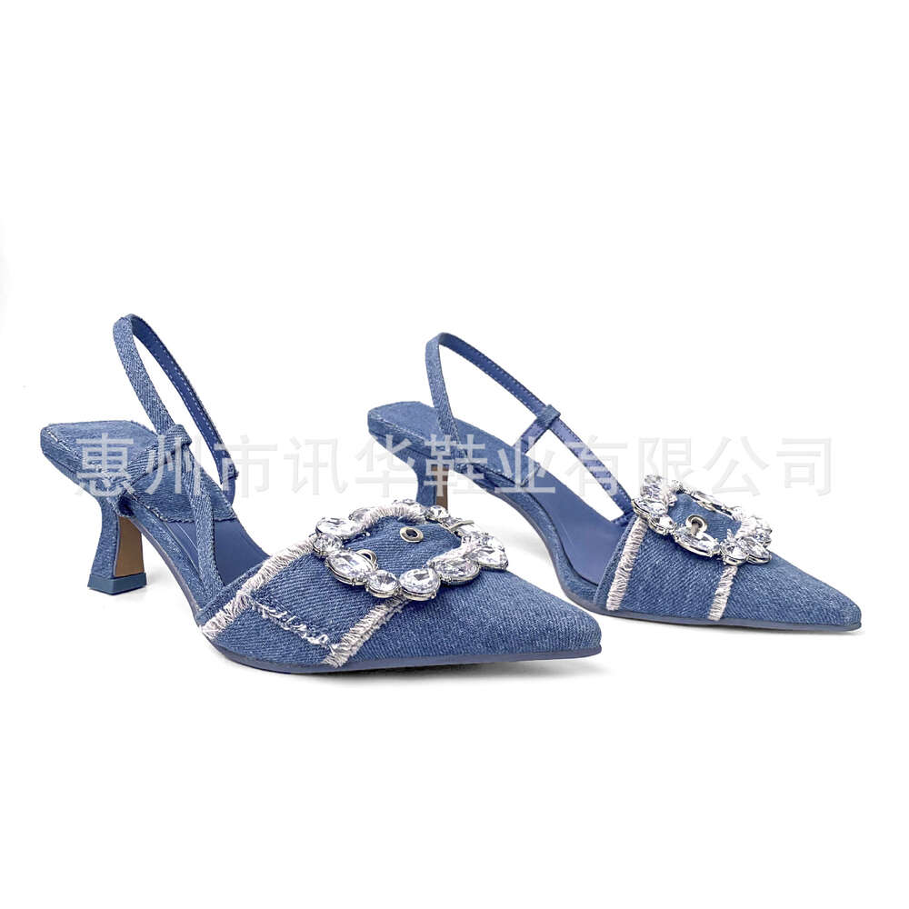 New ZA Summer Back Hollow Diamond Buckle Decoration Denim Pointed High And Thin Heels Women S Shoes Trendy Ddmysaturn