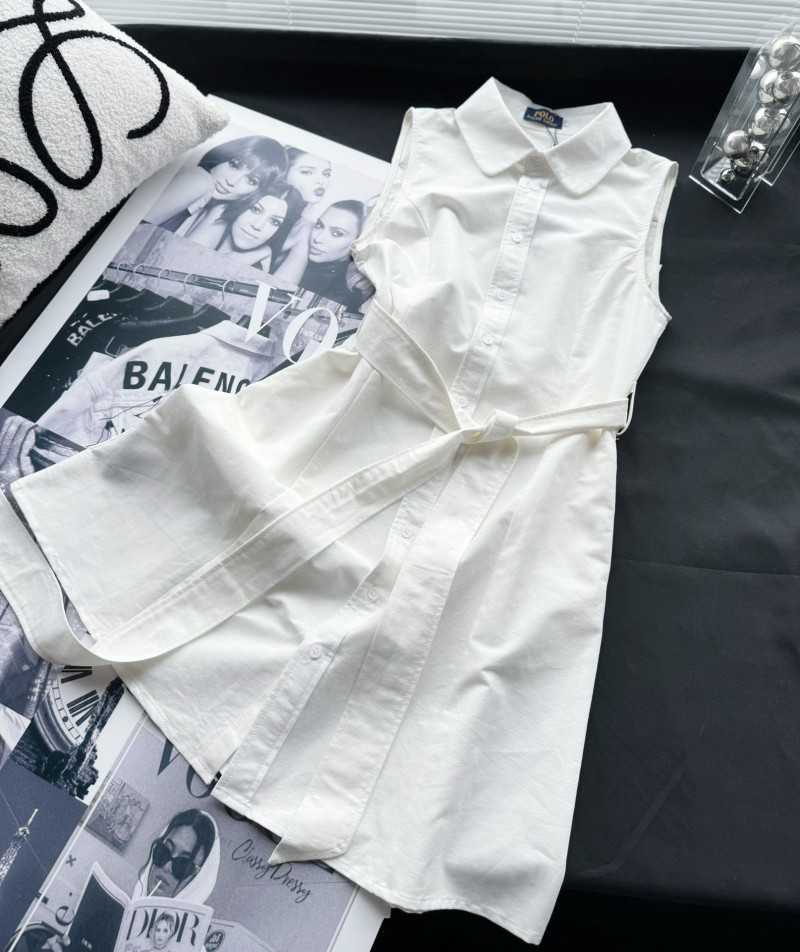 Designer Sleeveless Slimming Belt Casual Summer Shirtdress Vest White Dress Preppy Embroidery Oxford Cloth Cotton Lace Up Dress.