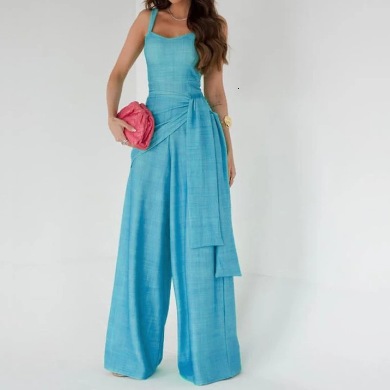 Office Fashion Waist Laceup Long Jumpsuits Women Elegant Sleeveless Solid Party Rompers Summer Casual Loose Playsuits Overalls 240618
