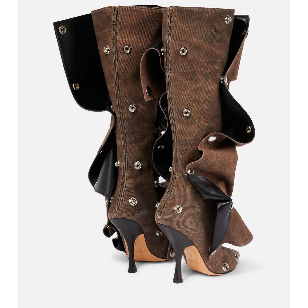 Heeled New High Pointed Metal Rivet Denim Patchwork Casual Two Wear Pile Up Knee Length Boots Ddmysaturn