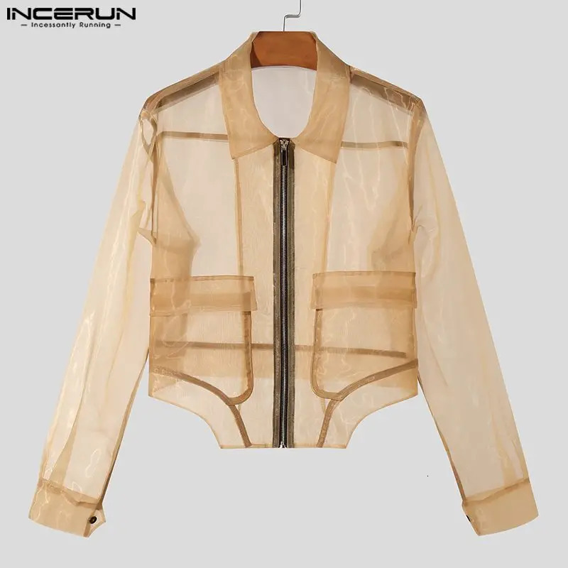 Men Irregular Jackets Mesh Transparent Zipper Lapel Long Sleeve Crop Coats Men Streetwear Solid Stylish Jackets INCERUN 240615