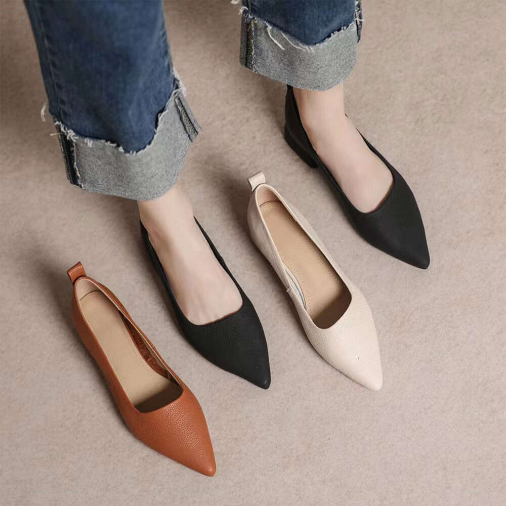Layer Cowhide Top Shallow Mouth Single Shoe For Women S Autumn New Casual Pointed Fashion One Foot Thick Heel Small Leather Shoes Ddmysaturn