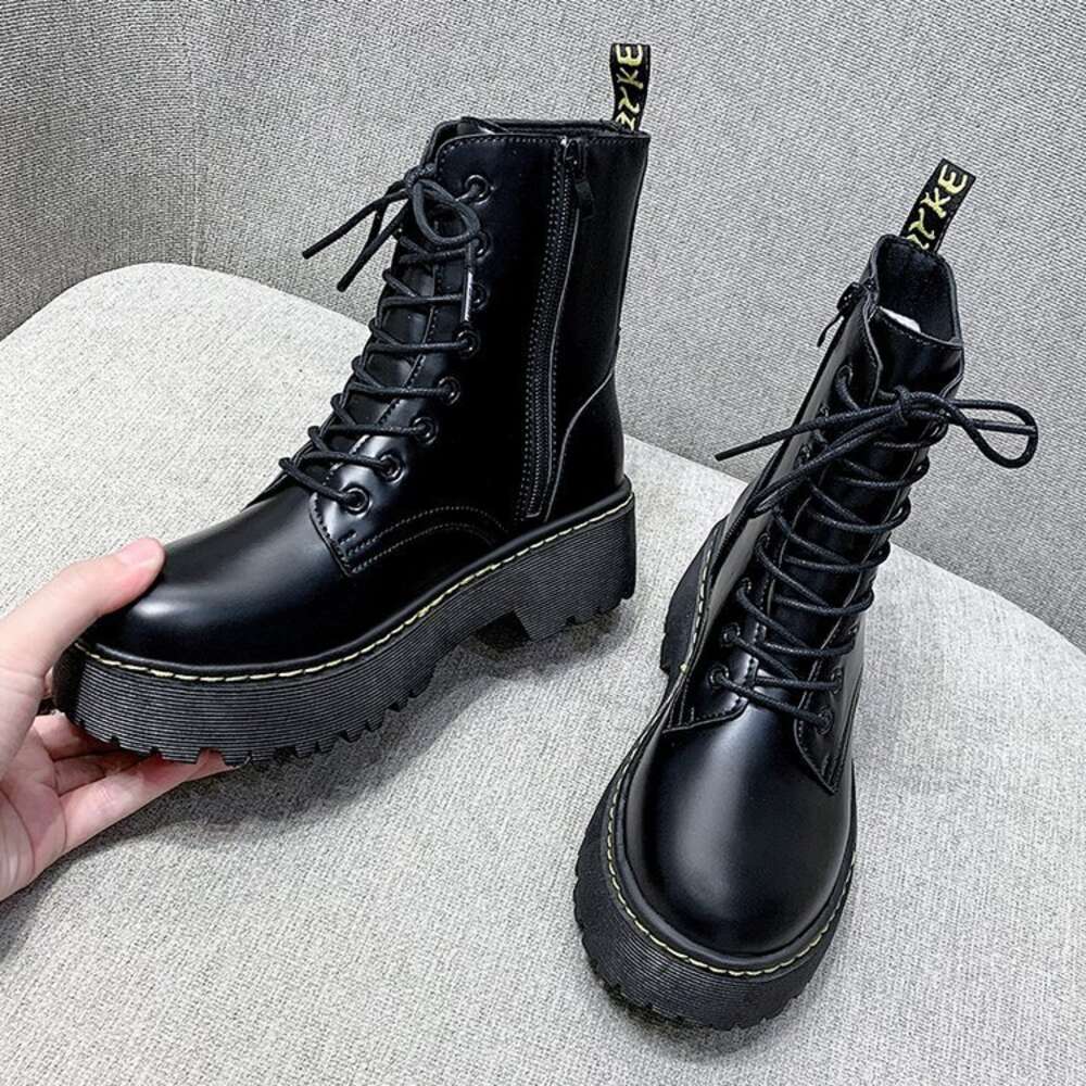 Soled Hole Thick Martin For Women With British Style Side Zipper Sponge Sole Trend High Top Lace Up Short Boots Ddmysaturn