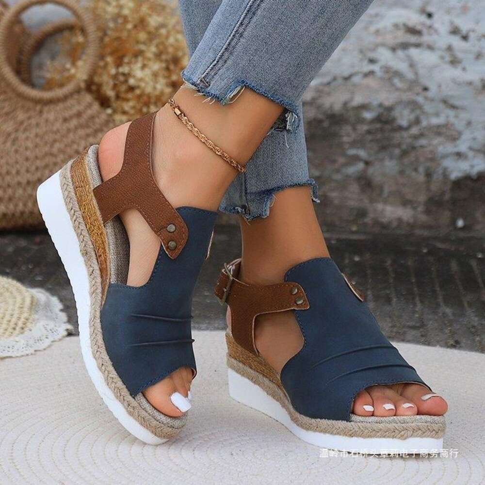 Slope Summer New Grass Knitted Sandals Waterproof Platform Thick Sole High Heel Shoes With One Line Buckle Ddmysaturn