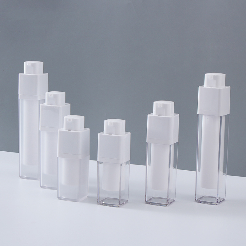 Square Airless Pump Bottle Set - Refillable Cosmetic Rotating Bottles in 15ml and 30ml Sizes