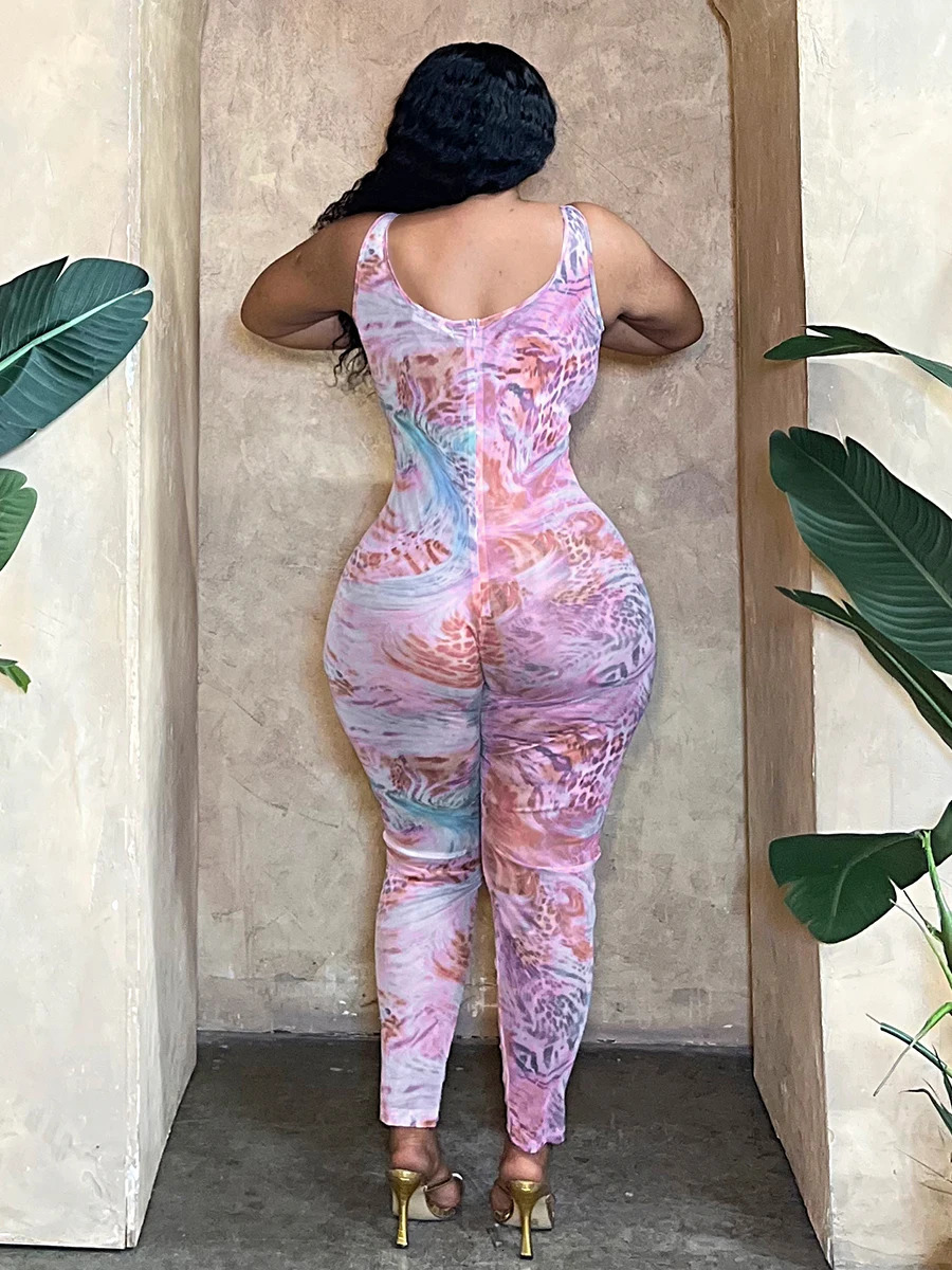 LW Plus Size SXY Mixed Print Skinny Cami Jumpsuit Women Spring Summer Casual Gauze Clear U Neck All Over Print One Piece Outfit 240618