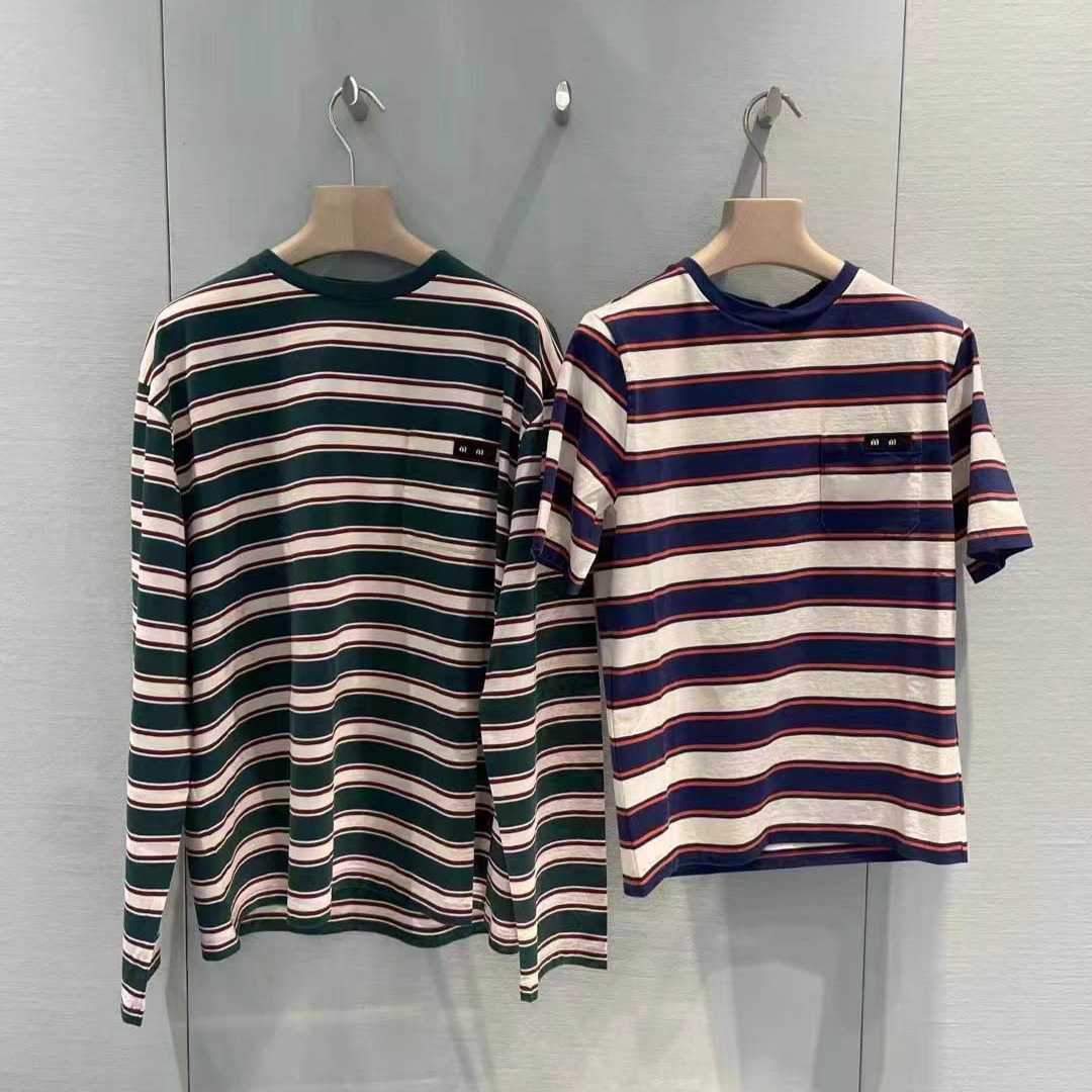 2024 Spring And Summer New Women Letter Embroidery Contrast Stripes Loose Round Neck Long Sleeve Casual T-Shirt