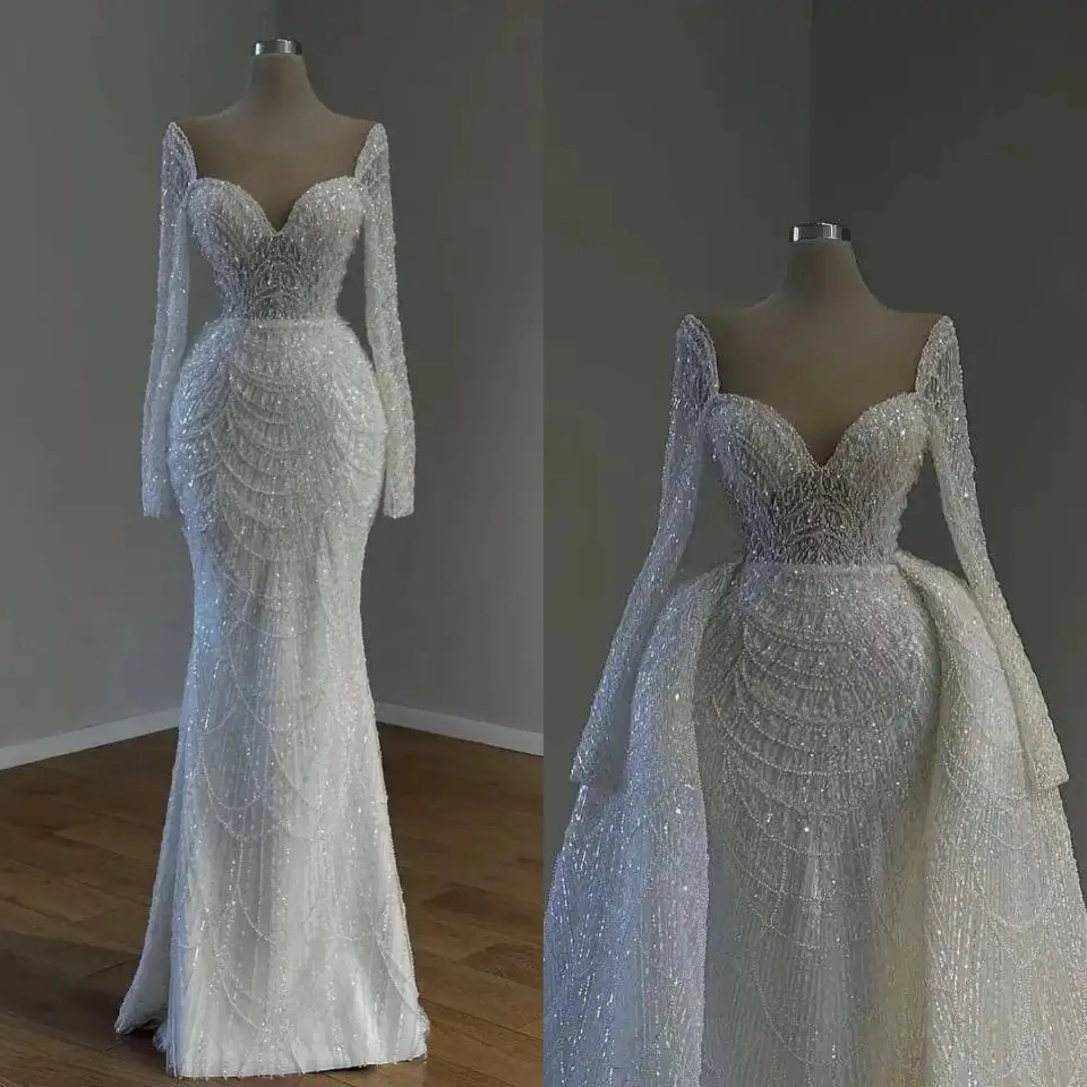 Wedding Crystal Mermaid Dresses Mariage Sheer Neck Long Sleeves Bridal Gown Beads Sequins Detachable Train Dress Custom Made Vestidos De Novia
