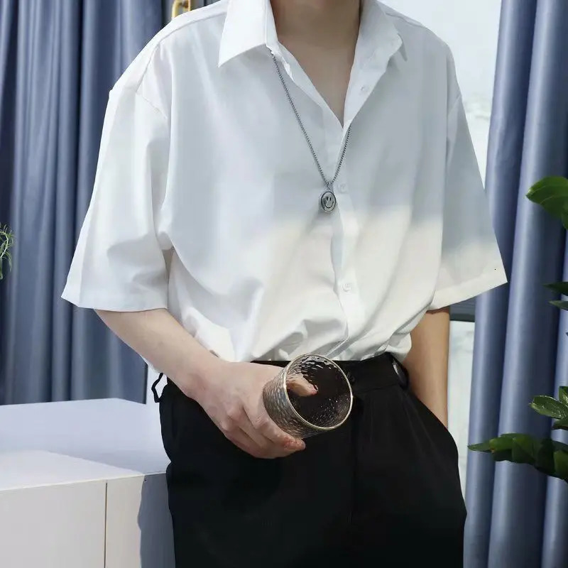 Casual White Shirt for Men Solid Color Ice Silk Long Sleeve Shirt Harajuku Loose Top Quality Drape White Japanese Streetwear 240615