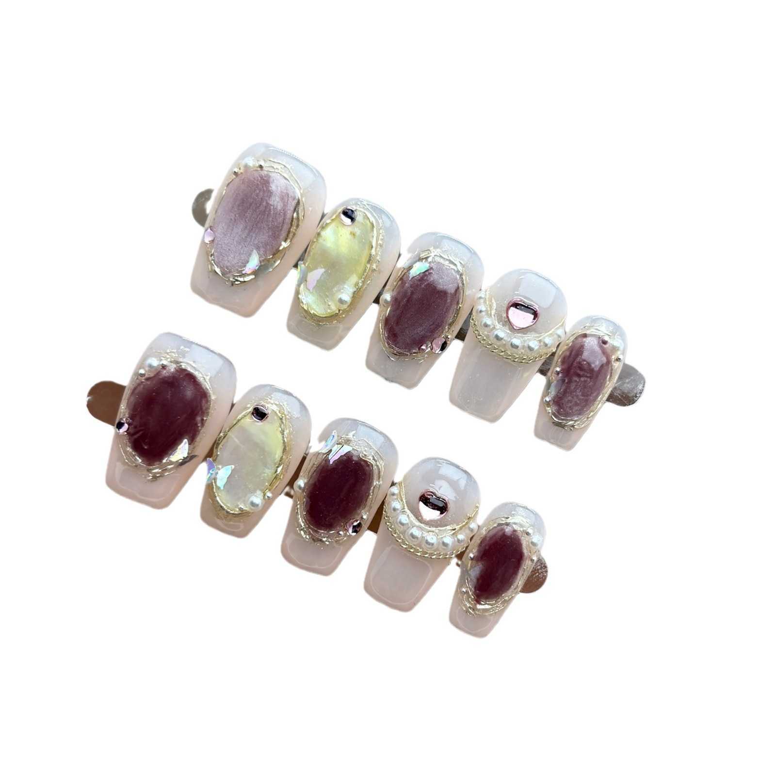 Girls False Nails Handmade Wearing Nail Piece the Somalia Sea Cat Eye Pearl Short Wearable False Nail 240530