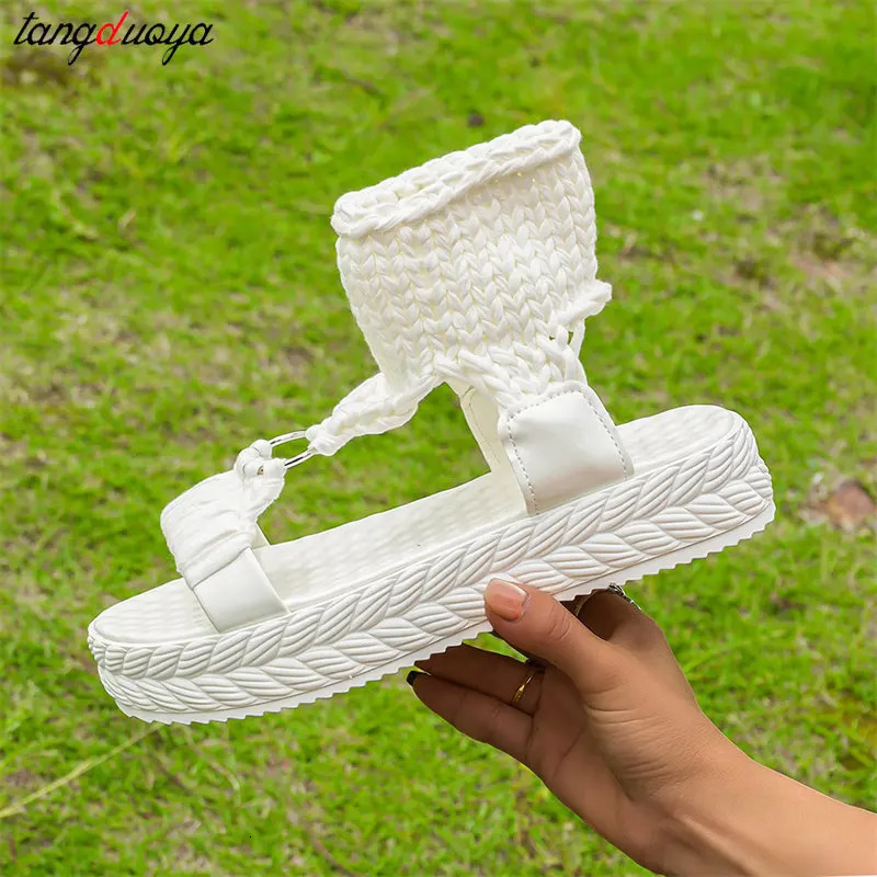 Women Fashion Sexy Open toe Beach sandals Summer Solid Color Braided Knit O-Ring Cutout Platform Sandals Women Soft Sandals 240619