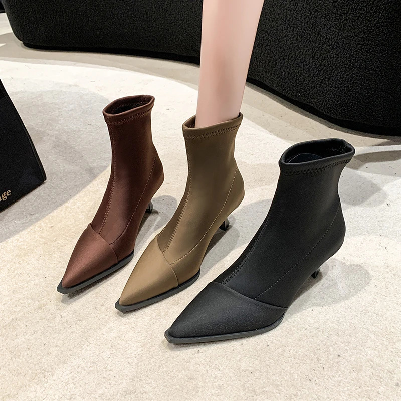 New Satin Pointed Toe Short Boots Women Thin Heel Stretch Sock Boots Elegant Ladies Fashion High Heels Pumps Female Ankle Boots 240620
