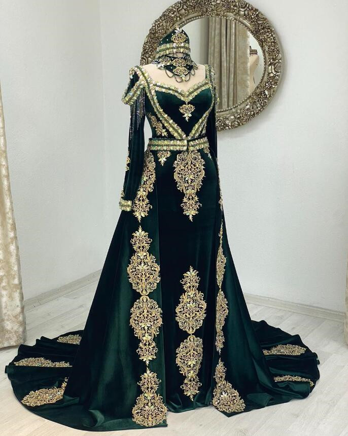Hunter Green Velvet Morocca Caftan Prom Dresses Luxury Lace Applique Long Sleeve Arabic Kaftan Marocain Evening Gown Outfit