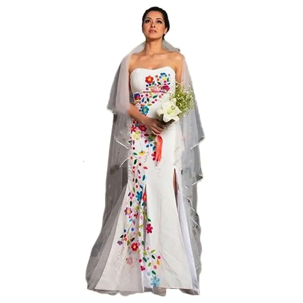 White Mermaid Wedding Dresses: Mexican Charro Modern Embroidery wers Boho Bridal Gown