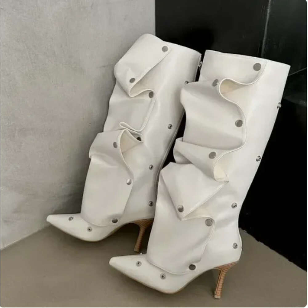 Heeled New High Pointed Metal Rivet Denim Patchwork Casual Two Wear Pile Up Knee Length Boots Ddmysaturn