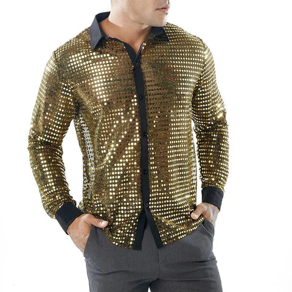 Mens Sparkly Sequins Party Dance Shirts Fashion Lapel Collar Long Sleeve Retro 70s Disco Stage Shirt Tops Mens Clothing 240615