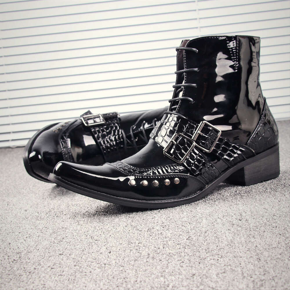 Men Pointed Martin S Lacquer Leather Punk Rivet Korean Edition Cowboy Short Barrel Lace Up Trendy Boots Ddmysaturn