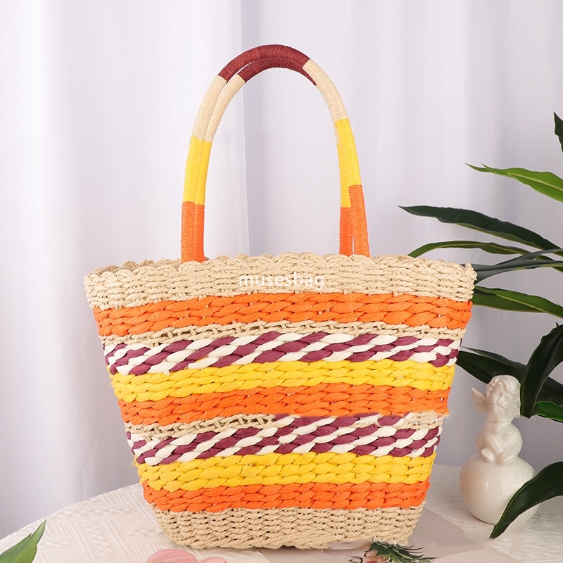 High end Women's Korean Colorful Splicing Handheld Large Capacity Retro Large Capacity Versatile Vertical Paper Rope Women's Bag Casual Beac