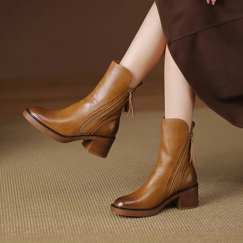 Autumn Winter Women Shoes Leather Short Boots for Women Round Toe Chunky Heel Boots Zipper Ankle Boots Female Platform Heel 240620