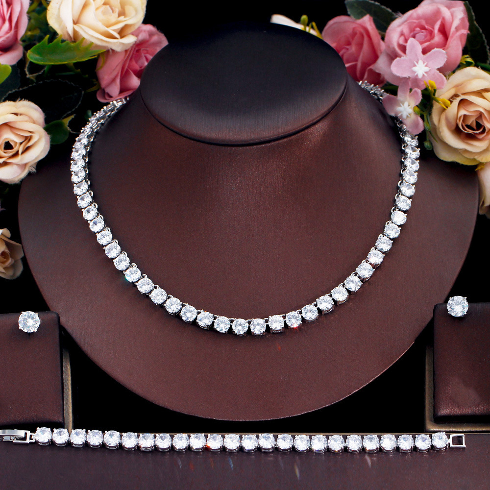 2024 Top Sell Wedding Jewelry Sets Luxury Jewelry 18K White Gold Fill Round Cut White 5A Cubic Zircon CZ Diamond Stud Earring Tennis Bracelet Women Ne