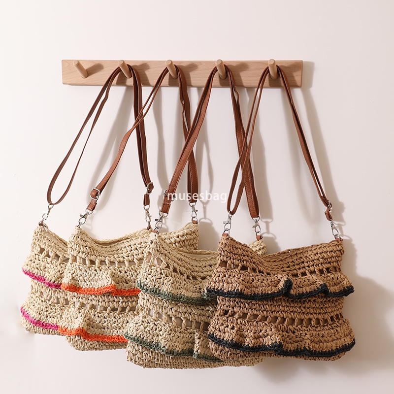 European and American women's high-end and convenient crossbody lace ruffle edge lightweight summer colorful grass bag woven bag beach vacation b